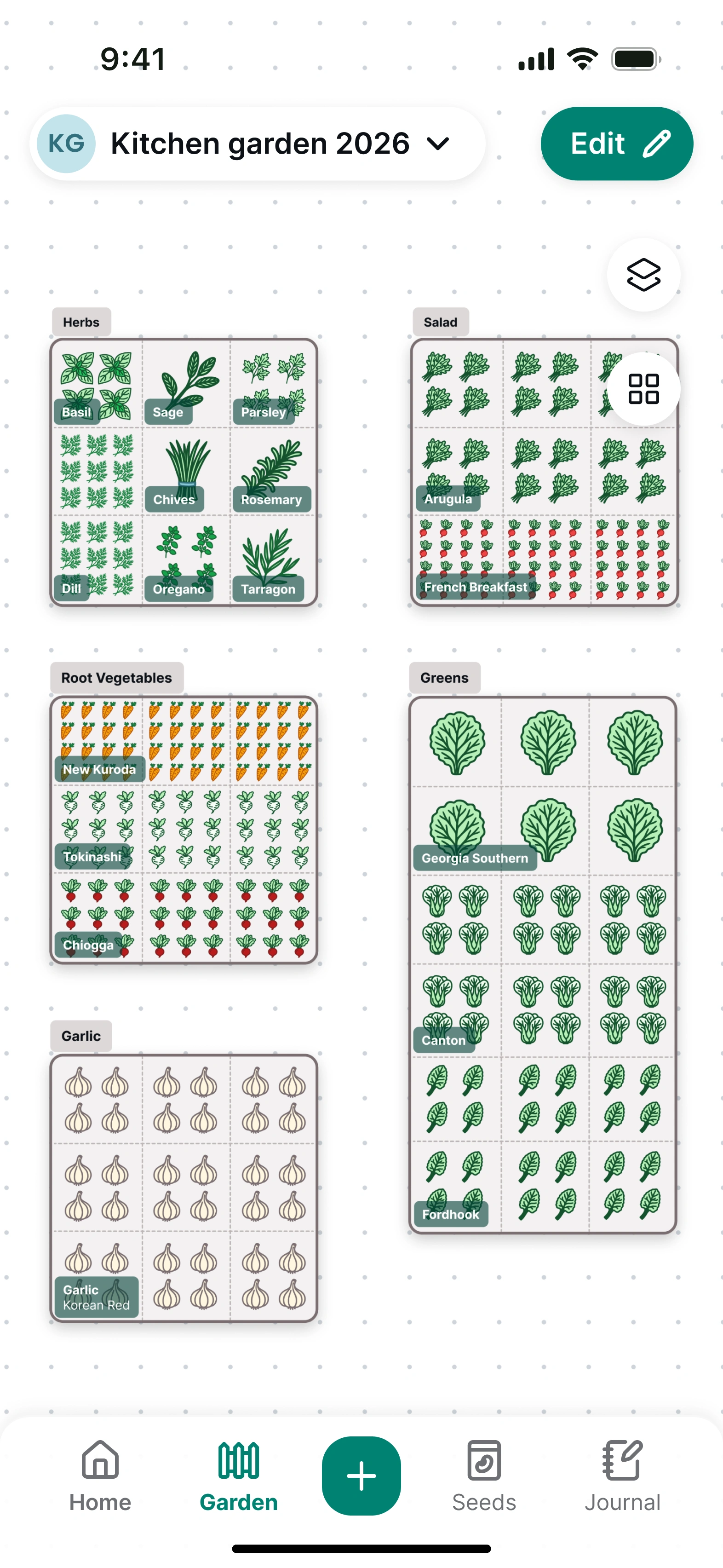 Radish garden layout for Kitchen garden 2025, showing raised beds for herbs, salad, root vegetables, greens and garlic, each planted in a grid